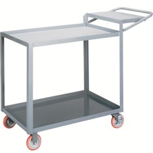 The sleek gray Little Giant Order Picking Truck has a rectangular frame on four wheels. It features an open top shelf for easy access, an enclosed bottom shelf, and an angled handle aligned with the top shelf for effortless maneuverability.