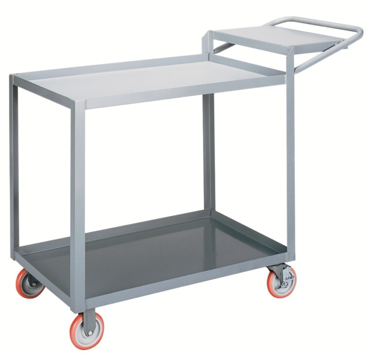 The sleek gray Little Giant Order Picking Truck has a rectangular frame on four wheels. It features an open top shelf for easy access, an enclosed bottom shelf, and an angled handle aligned with the top shelf for effortless maneuverability.