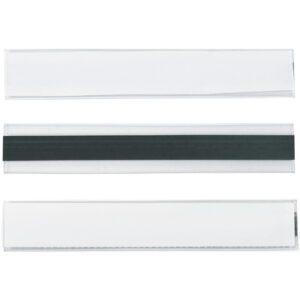 Three transparent badge holders with horizontal orientations are displayed; two have a clear front, and the middle one includes a black label similar to the 1 x 6 Hol-Dex® Magnetic Plastic Label Holders (12/Case) for stylish organization.