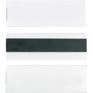 Three vertically arranged name badges, similar to 2 x 6 Hol-Dex® Magnetic Plastic Label Holders (12/Case), are displayed. The middle badge has a black magnetic strip for attachment, while the top and bottom ones are plain with no visible fasteners.