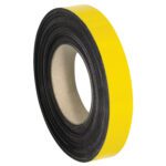 A roll of MH-USA 1 x 50 yellow magnetic tape stands upright with the yellow side showing and the black underneath, revealing its central cardboard core—ideal for organizing spaces with vibrant labeling solutions.
