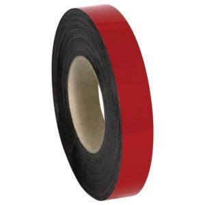 A roll of glossy red adhesive tape with a visible cardboard core, wound neatly and reminiscent of MH-USAs quality product: 1 x 50 Red Warehouse Labels - Magnetic Rolls.