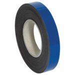 A roll of MH-USA 1 x 50 Blue Warehouse Labels - Magnetic Rolls, upright at an angle with a visible cardboard core against a white background.