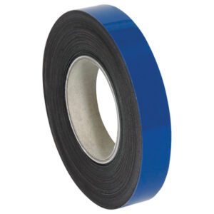 A roll of MH-USA 1 x 50 Blue Warehouse Labels - Magnetic Rolls, upright at an angle with a visible cardboard core against a white background.