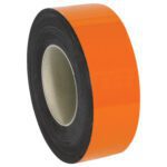 A roll of MH-USA 2 x 50 orange adhesive tape, featuring a black edge and cardboard core, is ideal for organizing with Orange Warehouse Labels and showcases its width and cylindrical shape when angled.