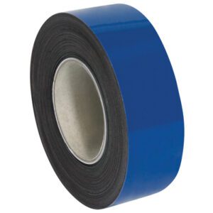 A roll of MH-USA 2 x 50 blue adhesive tape, showcasing its magnetic properties and resembling blue warehouse labels, is set against a plain white background. The inner core is visible, encircled by neatly coiled layers of the blue tape.