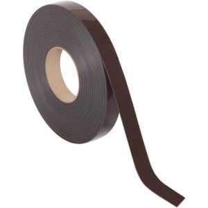 A roll of MH-USA 1 x 50 Magnetic Tape in dark brown is partially unrolled, with the end curling slightly. Its coiled around a cardboard core, and the strip extends outward, ready for use.