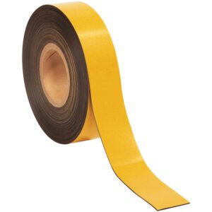 A partially unrolled roll of MH-USA 2 x 50 Magnetic Tape is coiled around a cardboard core, displaying the vivid yellow side facing up and the magnetic side down, with the edge clearly visible in the foreground.