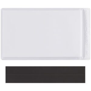 The 3 x 5 Super-Scan® Magnetic Vinyl Envelopes feature a clear cover with a black strip, offering durability and convenience for organization. Sold in cases of 50.