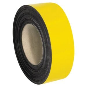 The MH-USA 2 x 100 Yellow Warehouse Labels roll, with magnetic backing, is ideal for marking areas and organizing spaces efficiently, reminiscent of safety tape.