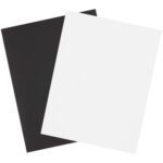 Two sheets of paper, one black and one white, slightly overlap on a plain background. The left sheet resembles an MH-USA 8 1/2 x 11 Magnetic Sheet (1 label per sheet) (10/Case), while the right is white, creating a contrasting visual effect.