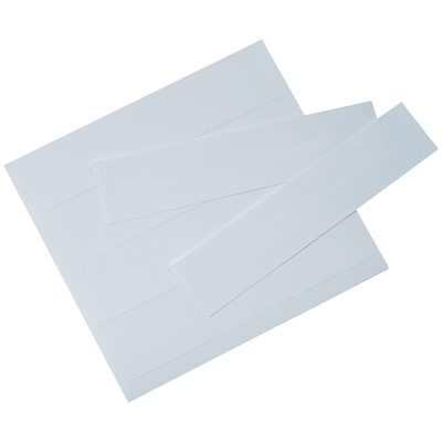LH152.jpg Sheets of plain white paper are artfully arranged with thin strips cut out, perfectly resembling MH-USA 1 1/4 x 6 Plastic Label Holder Insert Cards (400/Case) against a pristine white backdrop.
