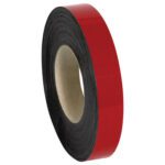 A coil of MH-USA 1 x 100 Red Warehouse Labels - Magnetic Rolls is elegantly showcased on a white background, with its cardboard core visible at the center, resembling precision-engineered magnetic rolls.