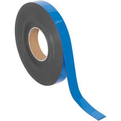 LH156.jpg A blue adhesive tape roll unwinds to show its dark side, resembling a magnetic roll from the MH-USA 1 x 100 - Blue Warehouse Labels - Magnetic Rolls collection, elegantly set against a white background.