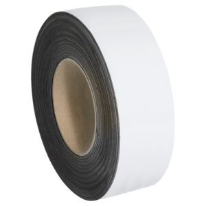 A large roll of black tape is shown against a plain background, akin to MH-USAs precision with their 2 x 100 magnetic rolls. The white outer surface and cardboard spool core reflect the meticulous craftsmanship of MH-USA White Warehouse Labels, tightly wound and uncut.