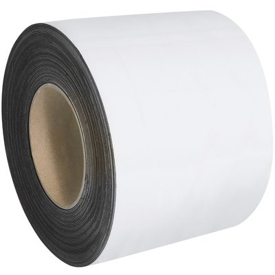 LH159.jpg A large roll of MH-USA 4 x 100 - White Warehouse Labels Magnetic Roll with a black underside is pictured on a plain white background, with the inner cardboard core clearly visible.