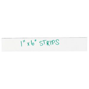 A white rectangular strip labeled in green with 1” x 6” STRIPS, similar to MH-USA 1 x 6 White Warehouse Labels - Magnetic Strips (25/Case).