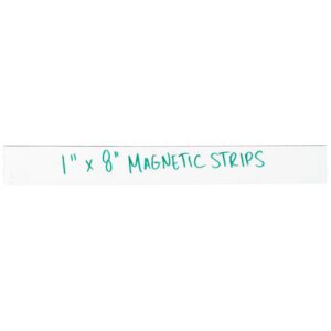 White MH-USA 1 x 8 warehouse labels with green handwritten text. These versatile magnetic strips are ideal for organizing and come in convenient packs of 25 per case.