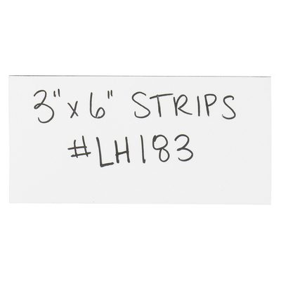 LH183.jpg A white label with handwritten text reads 3 x 6 STRIPS #LH183, similar to MH-USAs 3 x 6 White Warehouse Labels - Magnetic Strips (25/Case).