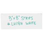 A white rectangular card reads 3 x 8 STRIPS #LH184 WHITE in green, resembling MH-USAs 3 x 8 White Warehouse Labels - Magnetic Strips (25/Case).