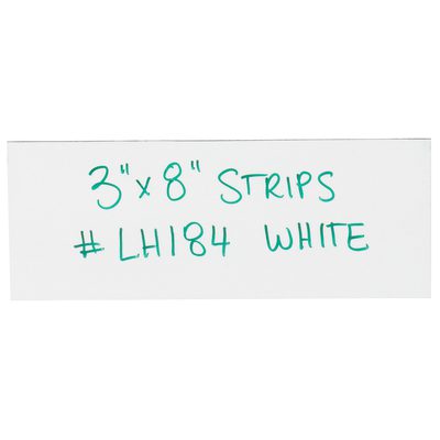 LH184.jpg A white rectangular card reads 3 x 8 STRIPS #LH184 WHITE in green, resembling MH-USAs 3 x 8 White Warehouse Labels - Magnetic Strips (25/Case).