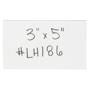 A 3 x 5 white card with handwritten text #LH186 resembles MH-USAs White Warehouse Labels with Magnetic Strips (25/Case).