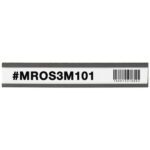 A white rectangular label features bold black text #MROS3M101 with a barcode on the right side, designed for use with MH-USA 1 x 6 Magnetic C-Channel Cardholders (25/Case). It has a plain background and a gray border.