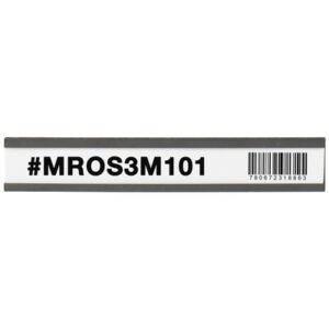 A white rectangular label features bold black text #MROS3M101 with a barcode on the right side, designed for use with MH-USA 1 x 6 Magnetic C-Channel Cardholders (25/Case). It has a plain background and a gray border.
