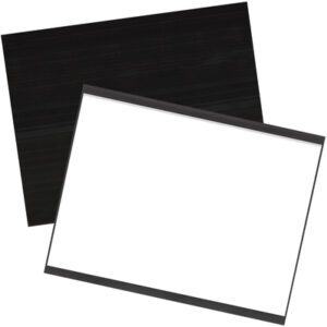 Two overlapping rectangular frames create an artistic display; the top one is reminiscent of MH-USA 3 x 4 Magnetic C-Channel Cardholders with a white center and thin black border, while the bottom one is black. Both are tilted against a pristine white background.