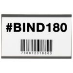A white sign with bold black text #BIND180 and barcode 780672318863 sits atop an MH-USA 3 x 5 Magnetic C-Channel Cardholder, framed by a narrow black border, offering organized style.