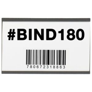 A white sign with bold black text #BIND180 and barcode 780672318863 sits atop an MH-USA 3 x 5 Magnetic C-Channel Cardholder, framed by a narrow black border, offering organized style.