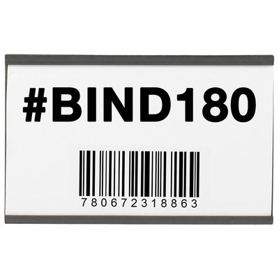LH197.jpg A white sign with bold black text #BIND180 and barcode 780672318863 sits atop an MH-USA 3 x 5 Magnetic C-Channel Cardholder, framed by a narrow black border, offering organized style.