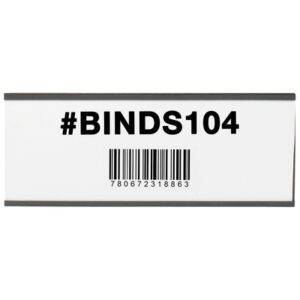 A white rectangular sign designed for MH-USA 3 x 8 Magnetic C-Channel Cardholders (25/Case) includes text #BINDS104 above a black barcode numbered 780672318863.