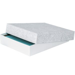 A white rectangular gift box, similar to the MH-USA 8 1/2 x 11 x 2 Stationery Set-Up Cartons (40/Case), has a textured gray lid slightly ajar, unveiling a blue interior.