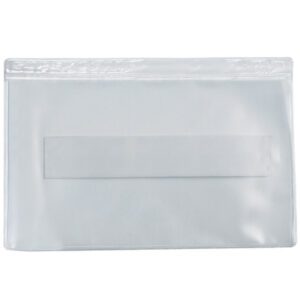 A 3 1/2 x 2 plastic zipper pouch with a blank label evokes the sleekness and practicality of the clear, empty design seen in 3 1/2 x 2 Super-Scan® Press-On Vinyl Envelopes - Long Side Open (50/Case).