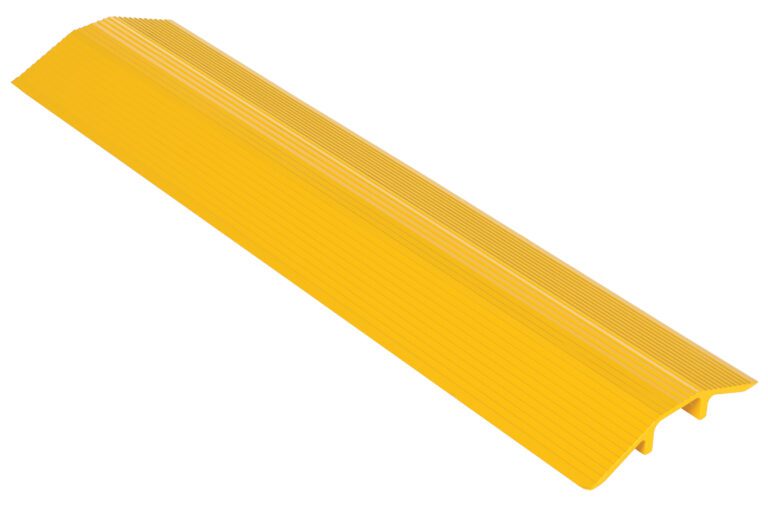 The Vestil Alum Hose/Cable Crossover 36 In Yellow protects cables with its textured surface and triangular profile. It features parallel ridge lines and open bottom slots to ensure secure cable placement.