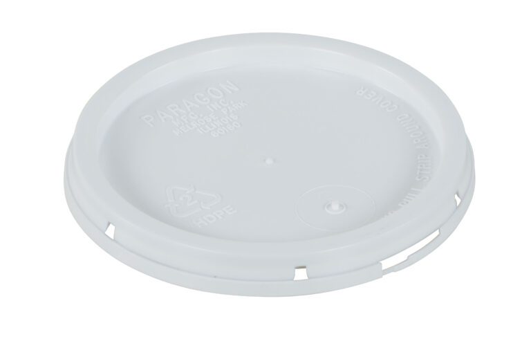 LID-1-PWT_A.jpg The Vestil Tear-Tab Lid For 1 Gallon Pail White, designed with embossed text and recycling symbols on white plastic, features a smooth surface and small slots along the edge for secure sealing and ease of use.