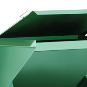 The Vestil Steel Hopper Lid-Front 1 Cu Yd, with its front lid design, blends perfectly against a white backdrop, offering functionality and simplicity reminiscent of an open green metal dumpster.