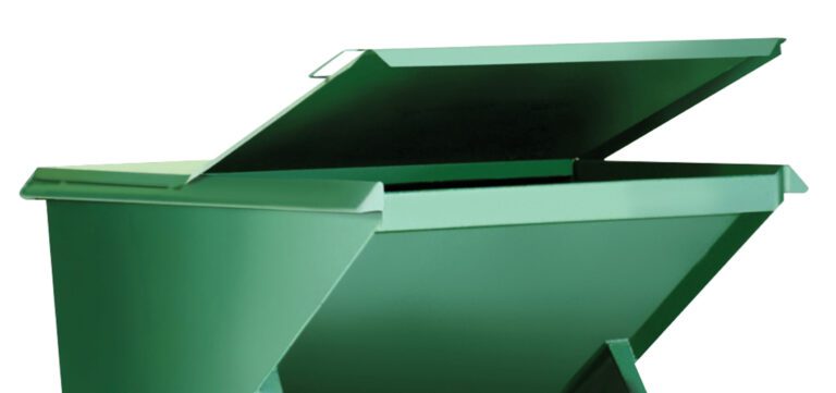 The Vestil Steel Hopper Lid-Front 1 Cu Yd, with its front lid design, blends perfectly against a white backdrop, offering functionality and simplicity reminiscent of an open green metal dumpster.