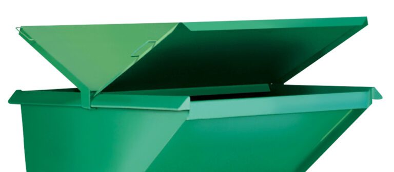 LID-100-C_A.jpg A metal dumpster, similar to the Vestil Steel Hopper Lid-Front & Back 1 Cu Yd, stands with its lid partially open on a plain white background, showcasing its clean surface and angled design for efficient use.