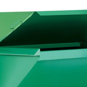 A Vestil Steel Hopper with a 1.5 cubic yard capacity and partially open lid is shown in front and back views, isolated on a white background.