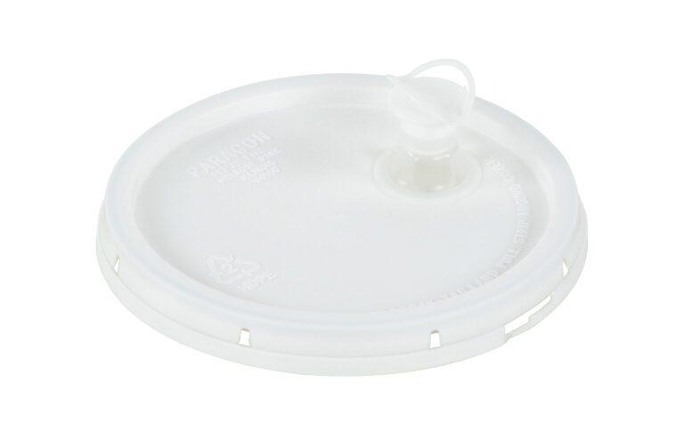 The Vestil Spout-Top Lid W/Tear Tab-2 Gallon White is a plastic lid for 2-gallon containers, featuring a central pull-tab, embossed text, and a recycling symbol. Its circular design and small edge notches ensure it fits securely on drink cups.