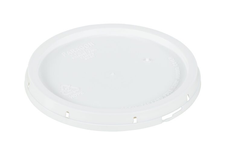 The white plastic Vestil Tear-Tab Lid for a 2-gallon pail features embossed text, a recycling symbol, a round shape with a slightly raised edge and notches. Ideal for containers or jars, it rests against a plain white background.