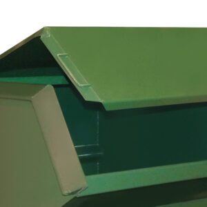 The Vestil Steel Hopper Lid-Front 2.5 Cu Yd, shown with its lid open against a plain white background, highlights its spacious interior and stands as an efficient solution for waste management.