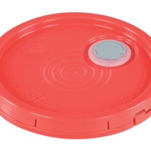 The Vestil Spout-Top Lid in red, designed for 3.5 to 6-gallon containers, features a circular plastic build with concentric ridges, an embossed recycling symbol, text, and a gray tab near the top-right edge for enhanced durability and functionality.