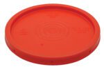 The Vestil Standard Lid for 3.5, 5, 6 Gal Red is a round plastic lid with raised text, circular indentations, and a recycling symbol. It features the words Cut at holes to remove cover for easy container sealing.