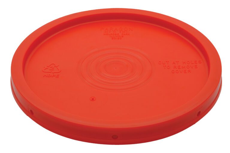The Vestil Standard Lid for 3.5, 5, 6 Gal Red is a round plastic lid with raised text, circular indentations, and a recycling symbol. It features the words Cut at holes to remove cover for easy container sealing.