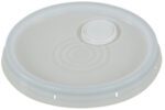 The Vestil Spout-Top Lid for 3.5, 5, and 6 Gal features a circular design with a detachable section for pouring or ventilation. Made from white plastic, it has a smooth texture with small indents around the edge for secure attachment.