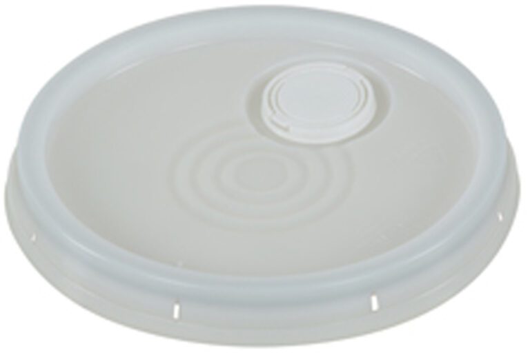 LID-54-PWST_A.jpg The Vestil Spout-Top Lid for 3.5, 5, and 6 Gal features a circular design with a detachable section for pouring or ventilation. Made from white plastic, it has a smooth texture with small indents around the edge for secure attachment.