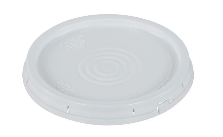 LID-54-PWT_A.jpg The Vestil Tear-Tab Lid for 3.5, 5, and 6-gal containers is a round, white plastic lid featuring ridged edges, slight indentations on top, and embossed brand and recycling symbols.